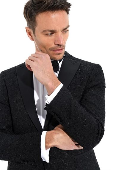  Morven Erkek Siyah Slim Fit Jakarlı Smokin - fotoğraf 5