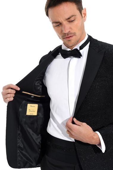  Morven Erkek Siyah Slim Fit Jakarlı Smokin - fotoğraf 4