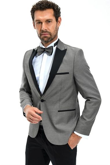 Серый смокинг Morven для мужчин Slim Fit с жаккардовым рисунком и острым воротником, 53% полиэстер, 47% вискоза, с длинными рукавами - фото 2