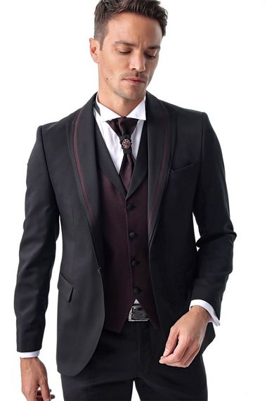  Morven Men's Black Monhattan Slim Fit Slim Fit Jacquard Tuxedo - photo 3