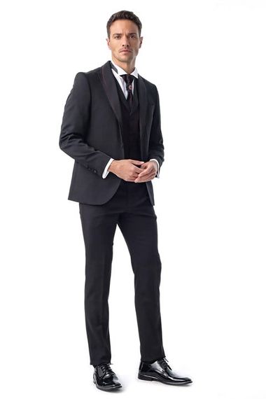  Morven Men's Black Monhattan Slim Fit Slim Fit Jacquard Tuxedo - photo 1