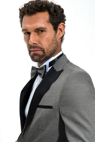 Серый смокинг Morven для мужчин Slim Fit с жаккардовым рисунком и острым воротником, 53% полиэстер, 47% вискоза, с длинными рукавами - фото 4