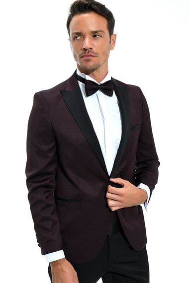  Morven Erkek Koyu Bordo Modena Slimfit Jakarlı Smokin - fotoğraf 2