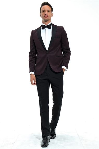  Morven Erkek Koyu Bordo Modena Slimfit Jakarlı Smokin - fotoğraf 5