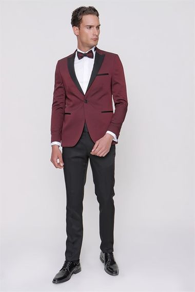 Мужской темно-бордовый смокинг Morven с бабочкой, узким кроем, жаккардовой текстурой и длинными рукавами, с карманами и двойным разрезом - фото 2