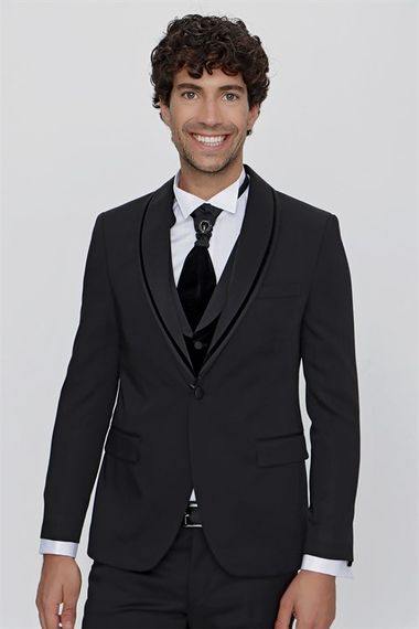  Morven Men's Black Korean Imported Lapel Groom Tuxedo - photo 2