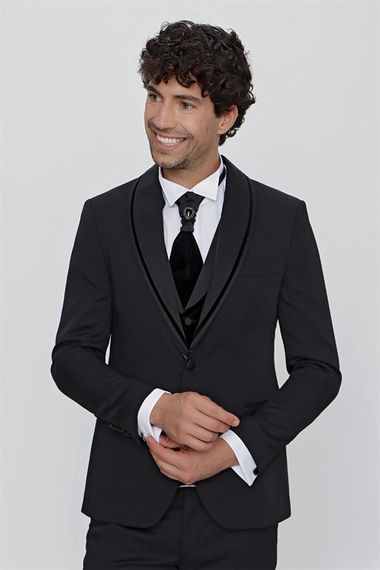  Morven Men's Black Korean Imported Lapel Groom Tuxedo - photo 4