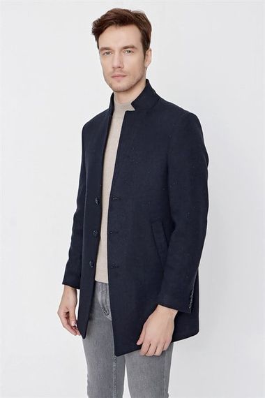  Morven Men's Navy Blue Herringbone Pattern Dynamic Fit Comfortable Cut Collar Coat - photo 1