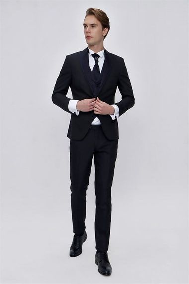 Синій смокінг Morven для чоловіків з вивідним коміром, Slim Fit, з карманами, довгий рукав, подвійний розріз, 60% віскоза, 40% поліестер - фото 3