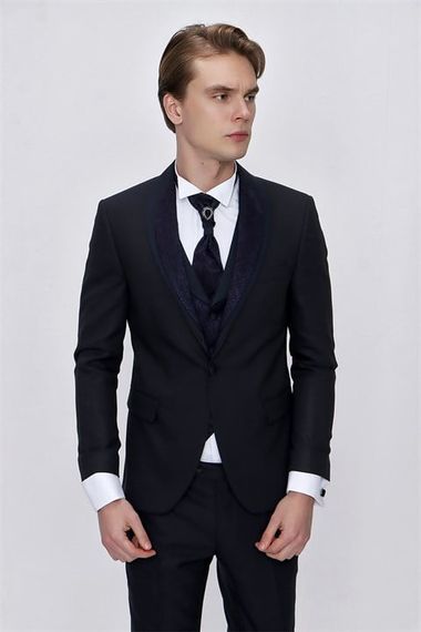 Синій смокінг Morven для чоловіків з вивідним коміром, Slim Fit, з карманами, довгий рукав, подвійний розріз, 60% віскоза, 40% поліестер - фото 5