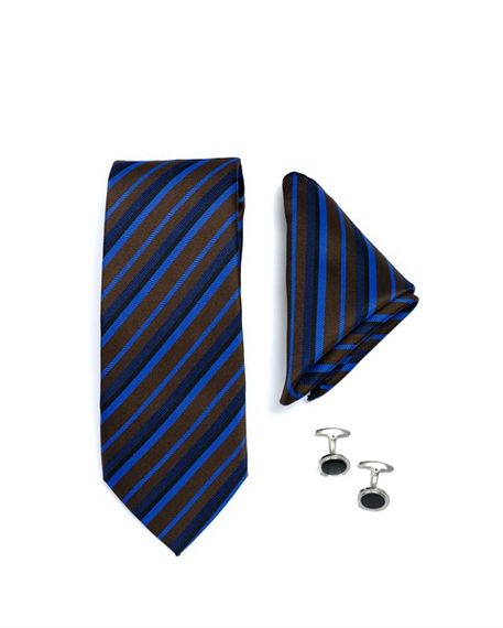  Morven Men's Brown - Navy Blue Gift Tie Cufflink Handkerchief Set - photo 2