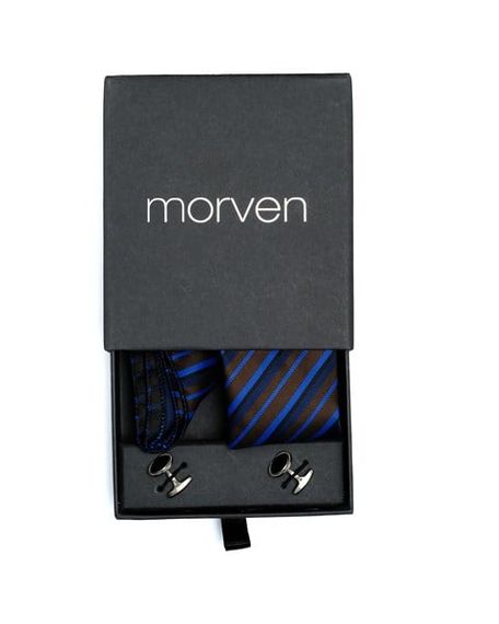  Morven Men's Brown - Navy Blue Gift Tie Cufflink Handkerchief Set - photo 1