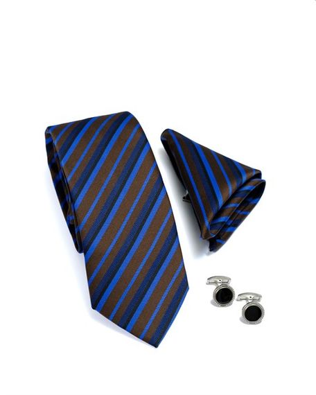  Morven Men's Brown - Navy Blue Gift Tie Cufflink Handkerchief Set - photo 3