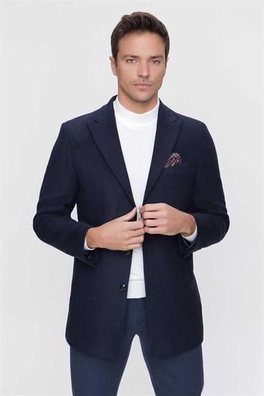 Morven Men's Navy Blue Straight Dynamic Fit Comfortable Cut Pointed Collar Coat - photo 2