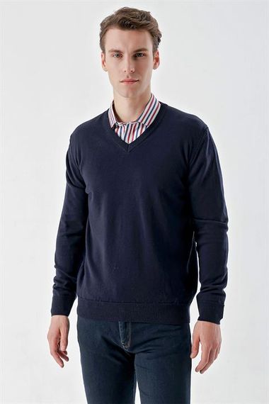 Morven Men's Navy Blue Basic V-Neck Dynamic Fit Comfortable Cut Knitwear - photo 2