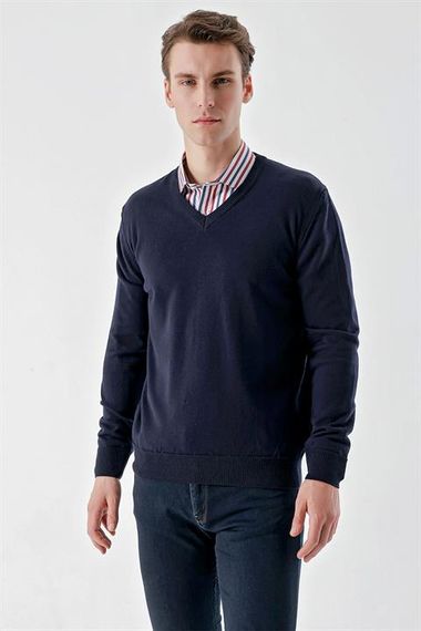 Morven Men's Navy Blue Basic V-Neck Dynamic Fit Comfortable Cut Knitwear - photo 3