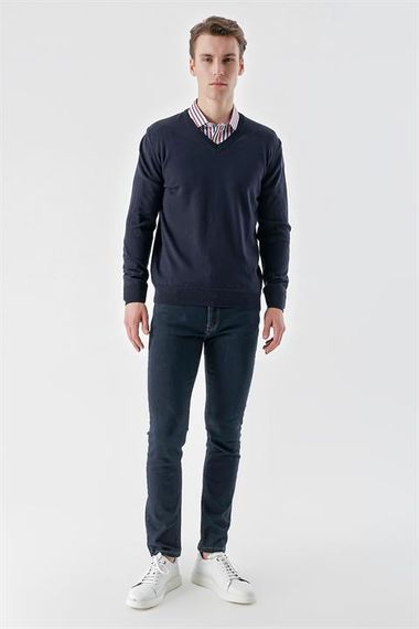 Morven Men's Navy Blue Basic V-Neck Dynamic Fit Comfortable Cut Knitwear - photo 5