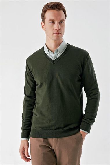 Чоловічий светр Хакі з V-подібним вирізом, динамічний крій, зручний, 50% бавовна, 50% акрил, довгий рукав, розміри XL-3XL-L-M - фото 2