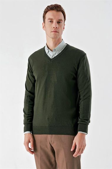 Чоловічий светр Хакі з V-подібним вирізом, динамічний крій, зручний, 50% бавовна, 50% акрил, довгий рукав, розміри XL-3XL-L-M - фото 1