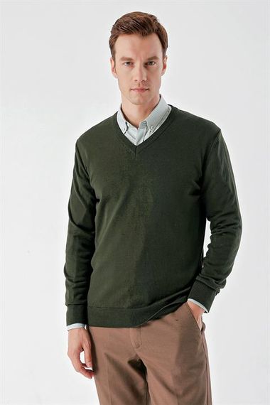 Чоловічий светр Хакі з V-подібним вирізом, динамічний крій, зручний, 50% бавовна, 50% акрил, довгий рукав, розміри XL-3XL-L-M - фото 3