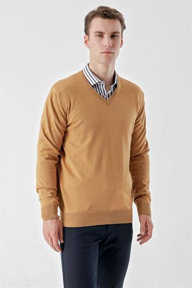 Morven Men's Camel Basic V-Neck Dynamic Fit Comfortable Cut Knitwear - photo 3