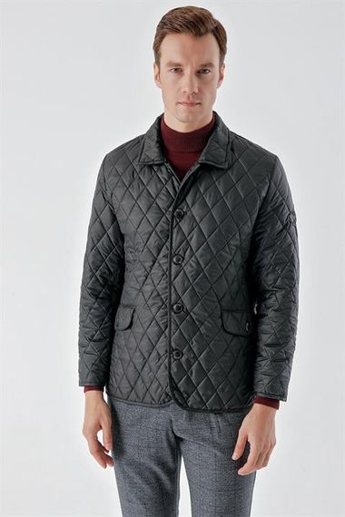 Мужская черная куртка с воротником, кнопками и динамичным кроем, легкий стеганый стиль с карманами, 100% полиэстер, удобная посадка - фото 1