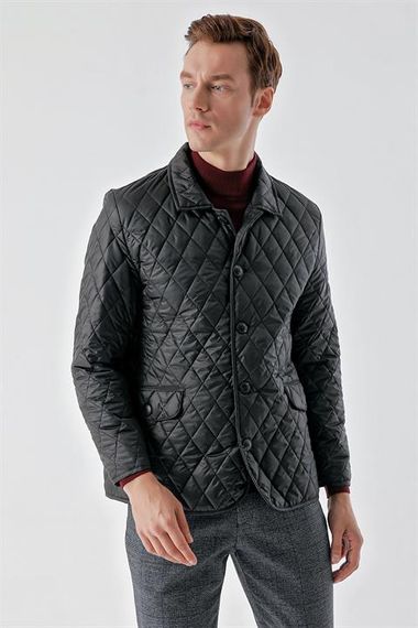 Мужская черная куртка с воротником, кнопками и динамичным кроем, легкий стеганый стиль с карманами, 100% полиэстер, удобная посадка - фото 2