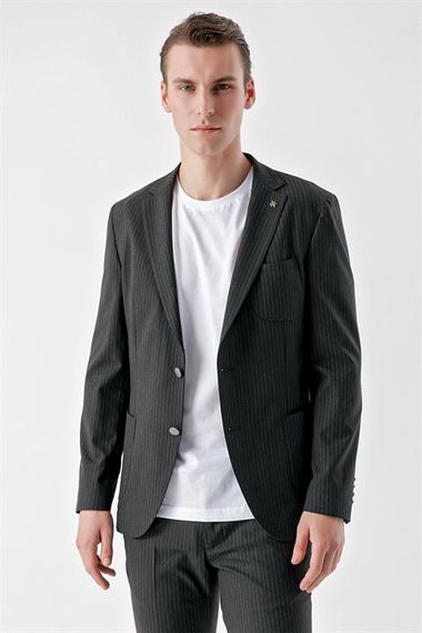Morven Men's Navy Blue Polyviscon Trend Striped Pattern Slim Fit Mono Collar Suit - photo 2