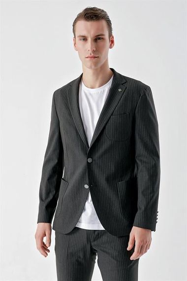Morven Men's Navy Blue Polyviscon Trend Striped Pattern Slim Fit Mono Collar Suit - photo 4