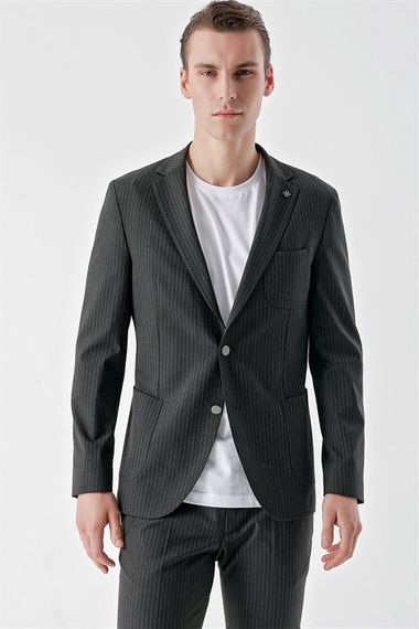Morven Men's Navy Blue Polyviscon Trend Striped Pattern Slim Fit Mono Collar Suit - photo 5