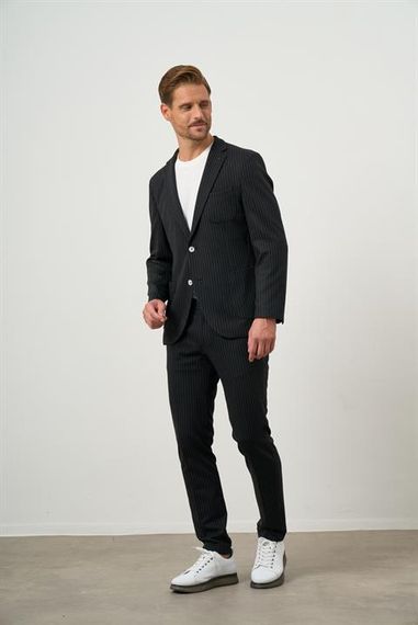 Узкий черный костюм с полосками Morven для мужчин, моноклассический воротник, без подкладки, карманы, кнопки, длинные рукава, два разреза - фото 1