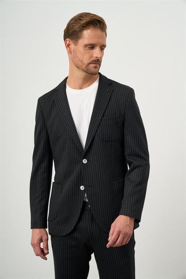 Узкий черный костюм с полосками Morven для мужчин, моноклассический воротник, без подкладки, карманы, кнопки, длинные рукава, два разреза - фото 2