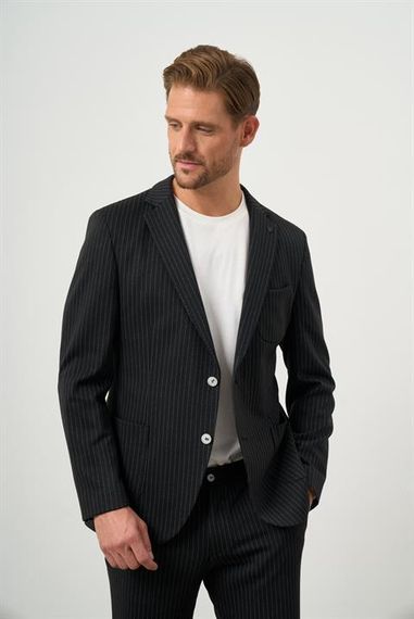 Узкий черный костюм с полосками Morven для мужчин, моноклассический воротник, без подкладки, карманы, кнопки, длинные рукава, два разреза - фото 3