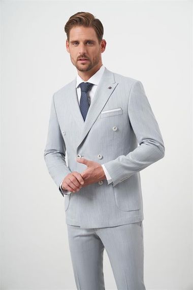 Morven Erkek Mavi Poliviskon Trend Kruvaze Slim Fit Sivri Yaka Takım Elbise - fotoğraf 2