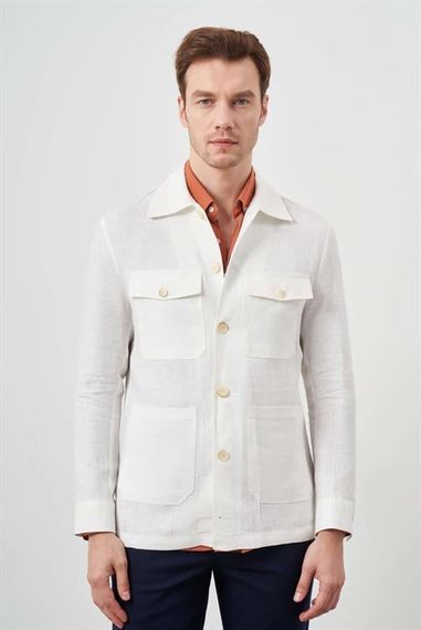 Чоловіча бежева лляна сорочка-мантия Morven з динамічним кроєм, довгими рукавами та кишенею, без підкладки, доступна в розмірах S, XS, M, L - фото 3