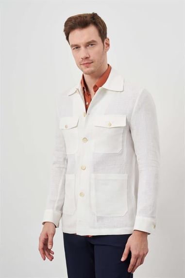 Чоловіча бежева лляна сорочка-мантия Morven з динамічним кроєм, довгими рукавами та кишенею, без підкладки, доступна в розмірах S, XS, M, L - фото 4