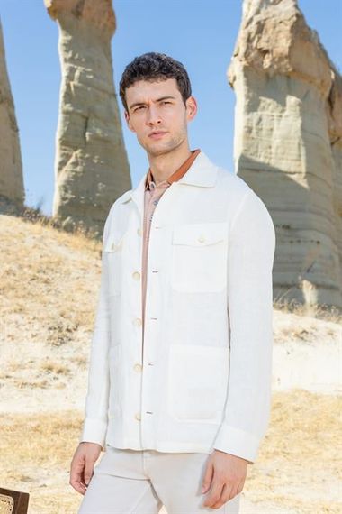 Чоловіча бежева лляна сорочка-мантия Morven з динамічним кроєм, довгими рукавами та кишенею, без підкладки, доступна в розмірах S, XS, M, L - фото 1