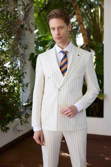 Мужской белый поливисконтовый трендовый пиджак с острым воротником Slim Fit и двойным разрезом - фото 2