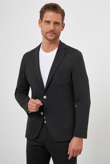 Чорний полівісконовий чоловічий смуглястий піджак Slim Fit з монокняжкою та швами на спині - фото 2