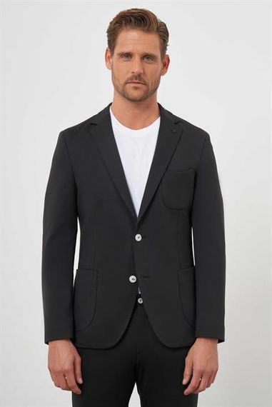 Чорний полівісконовий чоловічий смуглястий піджак Slim Fit з монокняжкою та швами на спині - фото 1