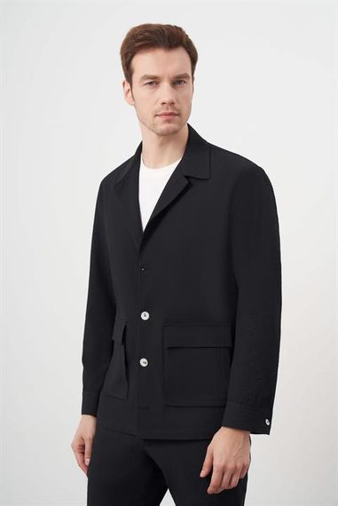 Мужская черная весенне-осенняя рубашка-куртка Morven с кнопками, динамичной посадкой, 100% полиэстер, длинные рукава, без подкладки. - фото 2