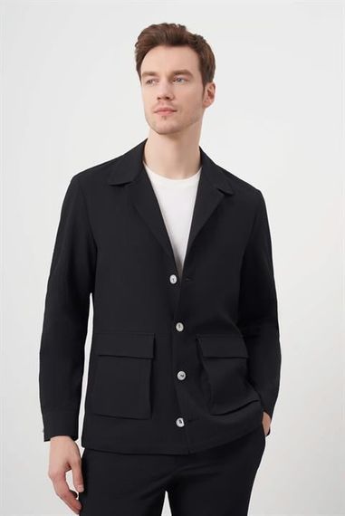 Мужская черная весенне-осенняя рубашка-куртка Morven с кнопками, динамичной посадкой, 100% полиэстер, длинные рукава, без подкладки. - фото 1