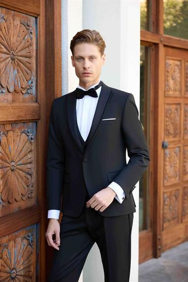 Мужской темно-синий поливискозный костюм с жаккардовым узором, slim fit, с шалью на воротнике и пуговицей, полный подклад, двойная разрезка - фото 1