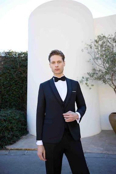 Мужской темно-синий поливискозный костюм с жаккардовым узором, slim fit, с шалью на воротнике и пуговицей, полный подклад, двойная разрезка - фото 5