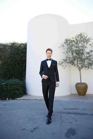 Мужской темно-синий поливискозный костюм с жаккардовым узором, slim fit, с шалью на воротнике и пуговицей, полный подклад, двойная разрезка - фото 3