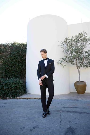 Мужской темно-синий поливискозный костюм с жаккардовым узором, slim fit, с шалью на воротнике и пуговицей, полный подклад, двойная разрезка - фото 4