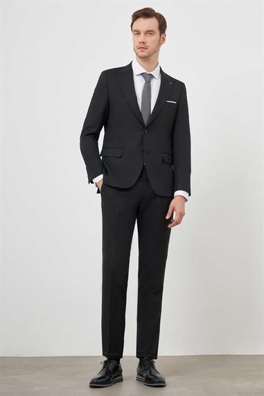 Мужской черный поливискозный смокинг с жаккардовым узором, узкий крой, острый воротник, кнопки, длинный рукав, полностью подбитый - фото 2