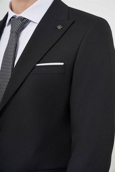 Мужской черный поливискозный смокинг с жаккардовым узором, узкий крой, острый воротник, кнопки, длинный рукав, полностью подбитый - фото 5
