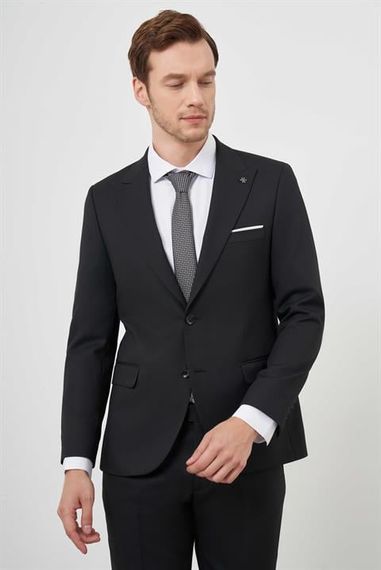 Мужской черный поливискозный смокинг с жаккардовым узором, узкий крой, острый воротник, кнопки, длинный рукав, полностью подбитый - фото 4