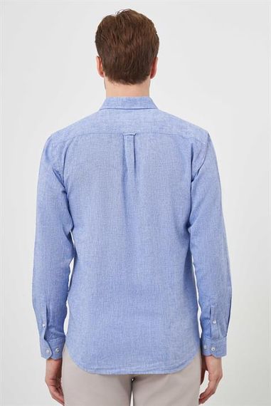 Morven Erkek Lacivert Keten Düz Desen Düğmeli Yaka Slim Fit Gömlek - photo 5